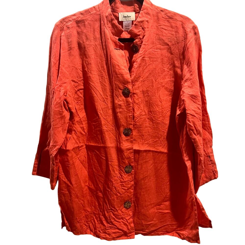 NEIMAN MARCUS Tunic Women’s Size L Salmon Pink 100% Linen Mandarin Collar Blouse